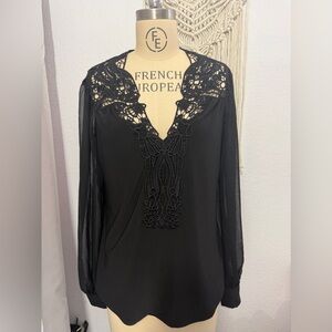 White House Black Market Black Lace Blouse Sheer Sleeve V Neck Top Size Medium